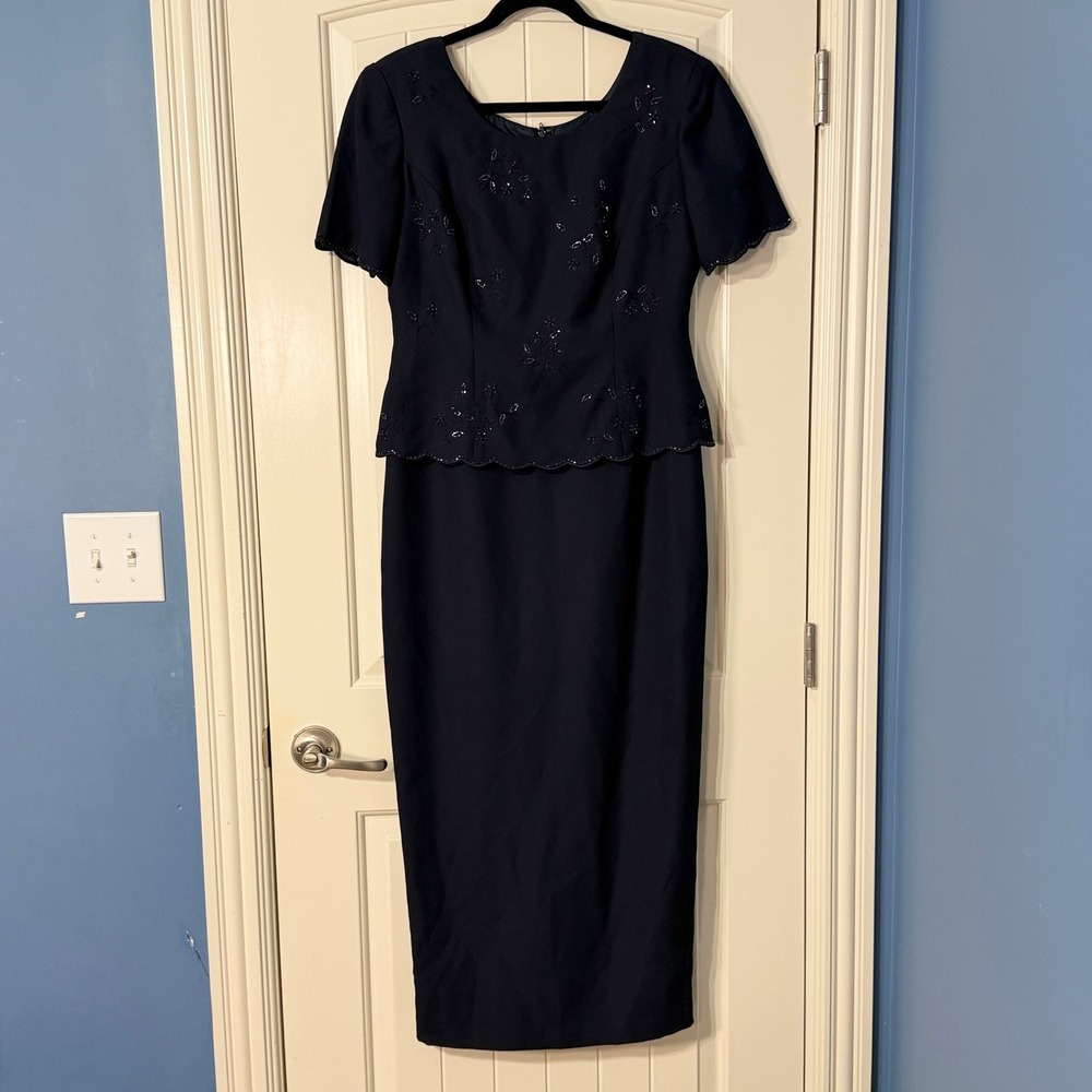 R&M Richards Mother of the Bride Dress 10 Navy Blue Embroidered Beaded Formal - Picture 2 of 11